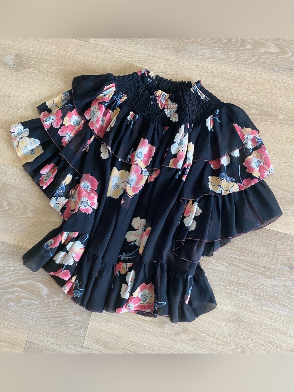 ULLA JOHNSON Liv Silk Blouse Black Pink Floral Tiered Ruffle Chic Boho Top size